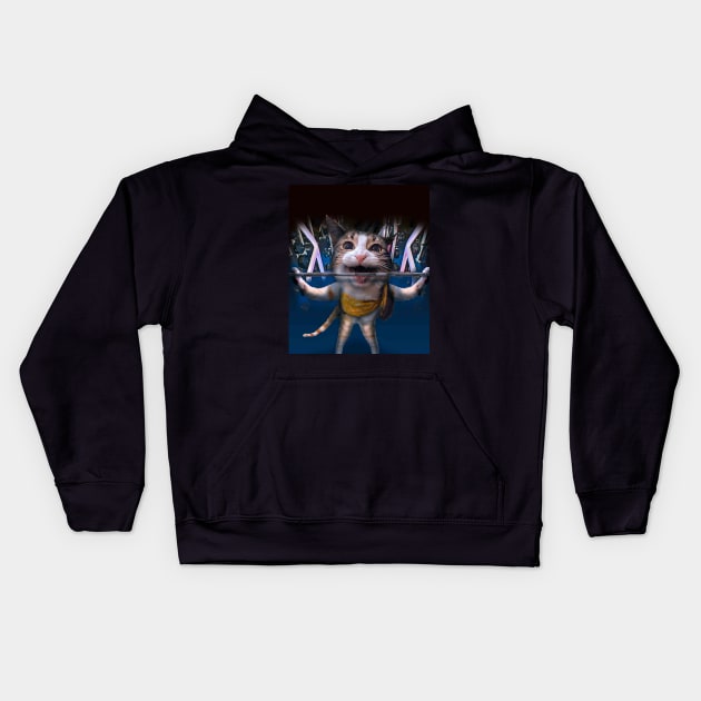 Funny Cat Lifting Weights At Gym Kids Hoodie by Random Galaxy